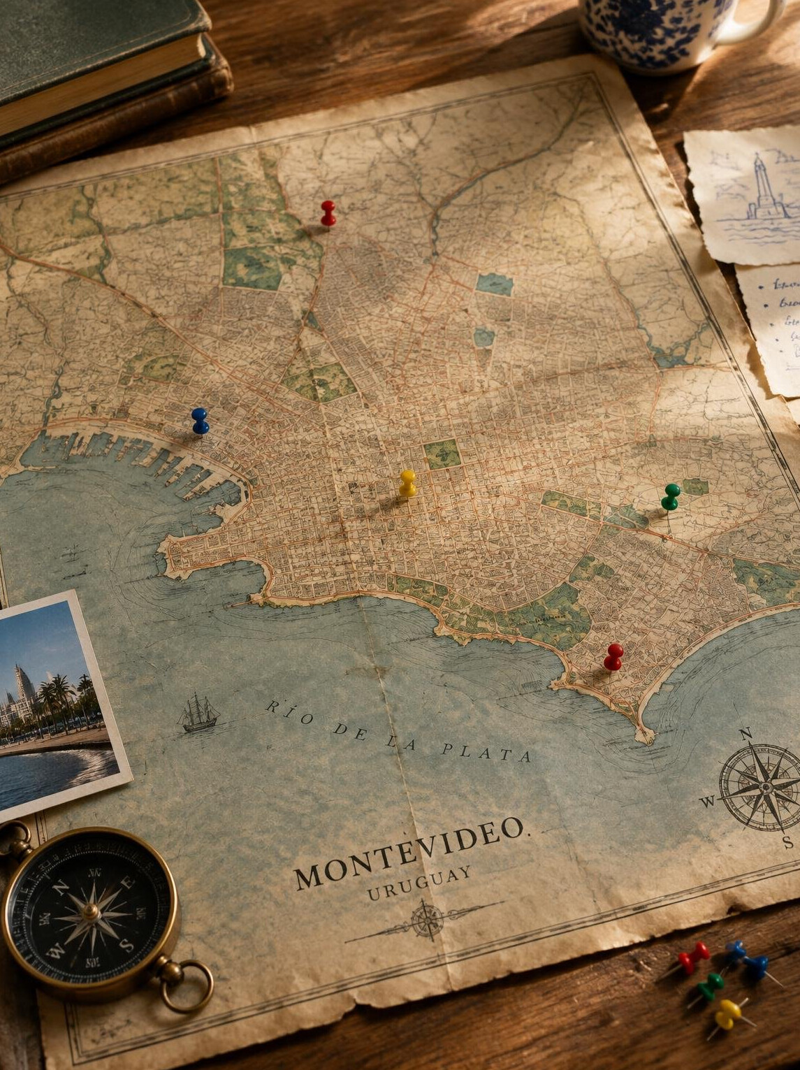 Antique map of Montevideo with pins and handwritten notes