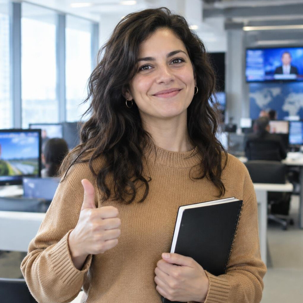 Smiling Latin American woman journalist holding a notebook in a bright newsroom